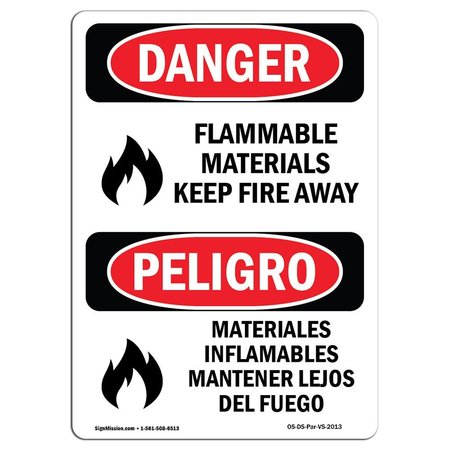 SIGNMISSION Safety Sign, OSHA, 14" Height, Aluminum, Flammable Material Keep Fire Away, Spanish OS-DS-A-1014-VS-2013
